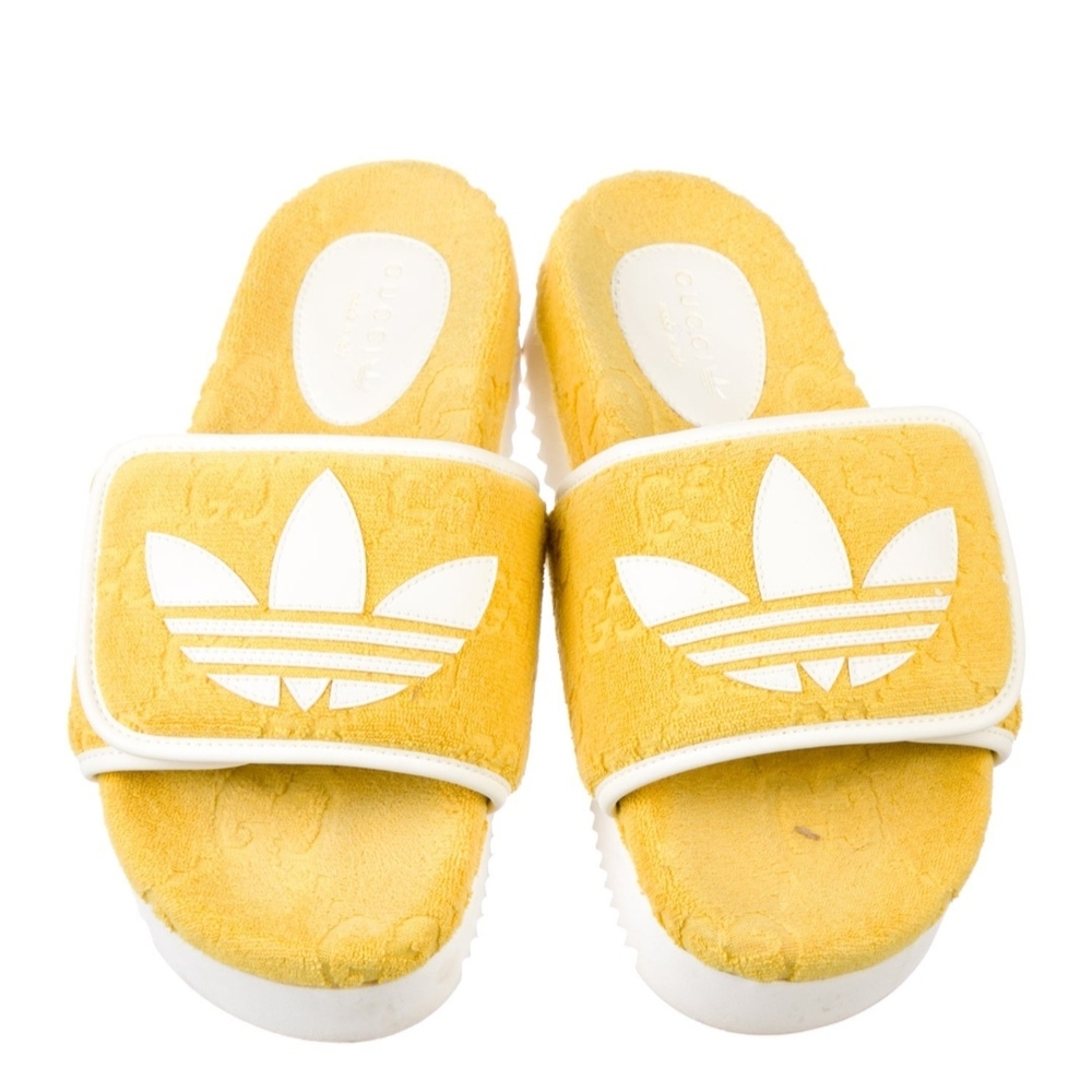 EUC Gucci X Adidas Women's Yellow  Terry Cloth Slides With Leather Trim